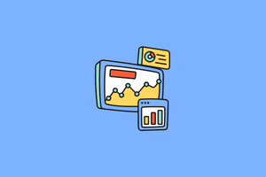 Blue graphic displaying an analytics dashboard