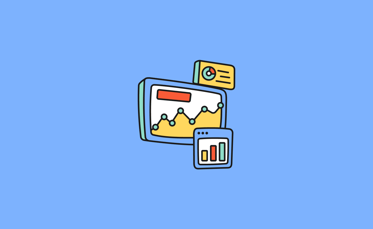 Blue graphic displaying an analytics dashboard