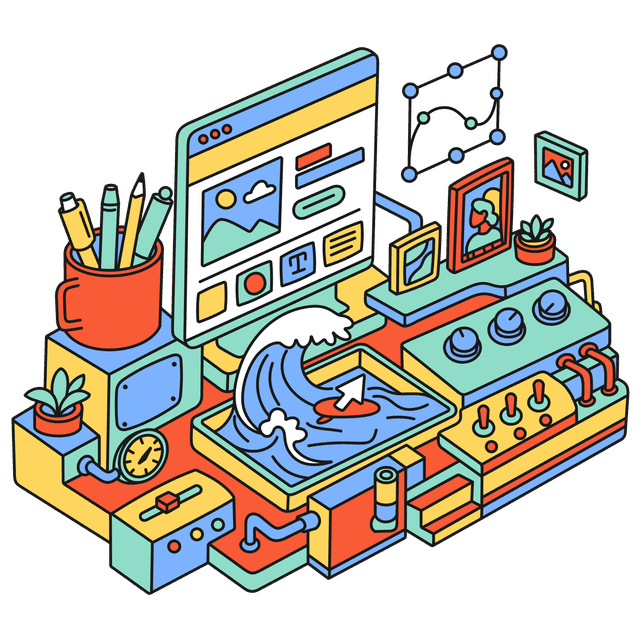 Isometric illustration of a creative workspace with a computer, design tools, artwork, and project controls.