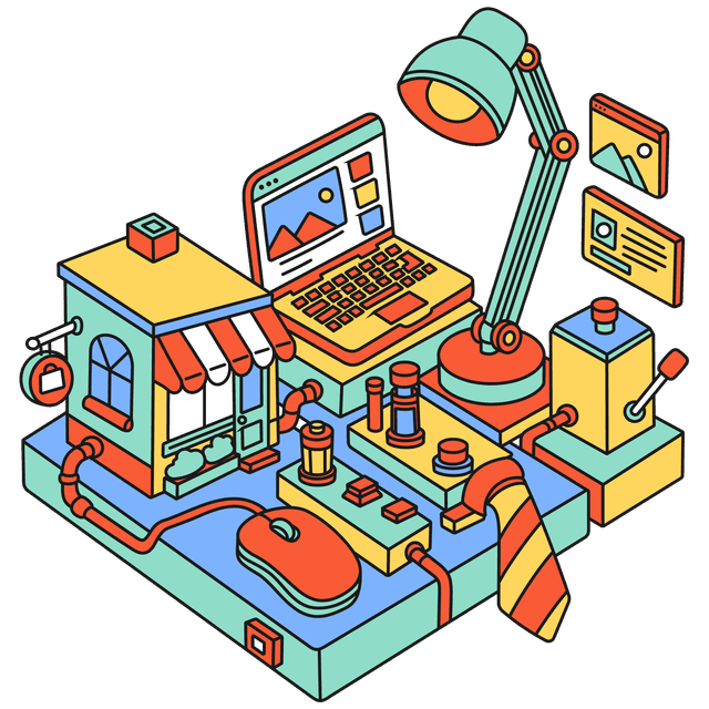 Isometric illustration of a small business workspace featuring a laptop, shopfront, desk lamp, controls, and connected systems.