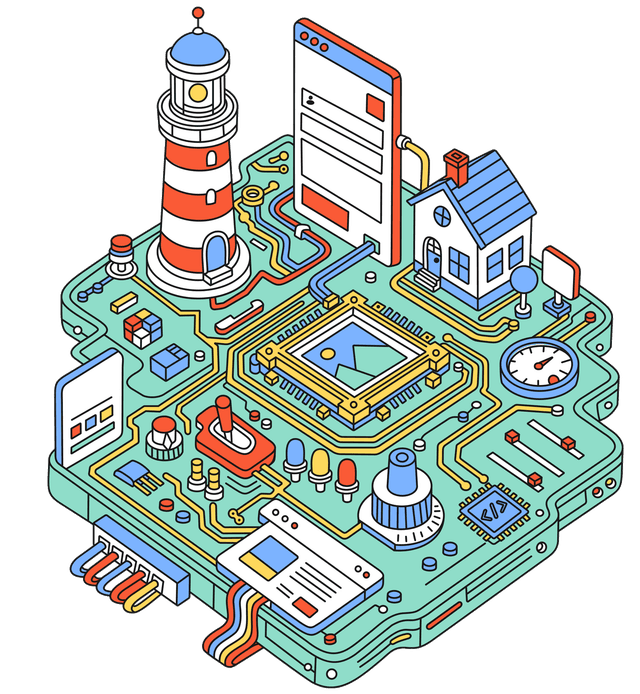 Isometric illustration of a technology system featuring a lighthouse, house, circuit board, interface panels, and connected pathways.