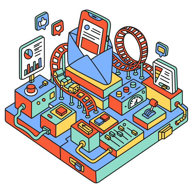 Isometric illustration of a marketing campaign with a smartphone, email, analytics charts, social media icons, and performance controls.