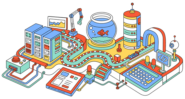 Isometric illustration of a connected digital process featuring servers, a fishbowl, conveyor tracks, interface panels, and code controls.