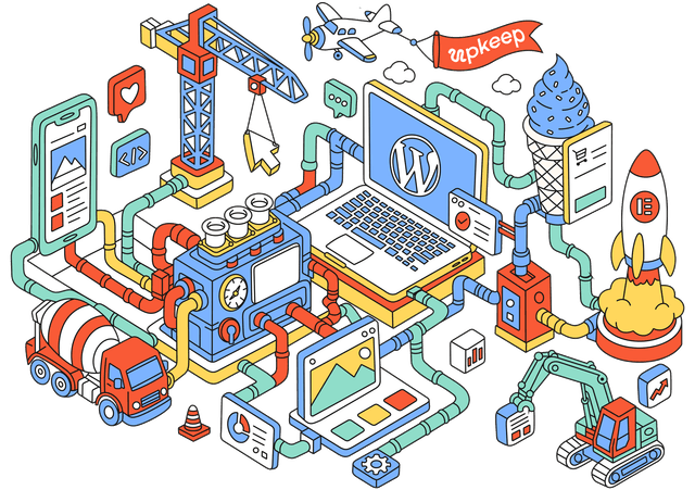 Isometric illustration of a web development system featuring a WordPress laptop, connected pipes, construction equipment, analytics, and interface elements.