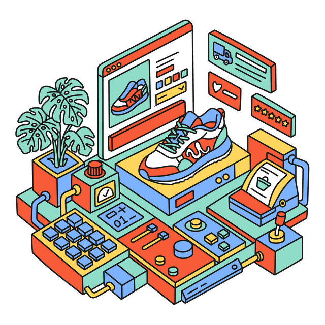 Isometric illustration of an online shop with a laptop displaying products, a sneaker, shopping interface, and sales controls.
