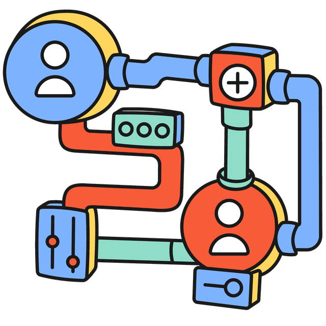 A series of pipes connected to boxes and circular modules with admin profiles attached.