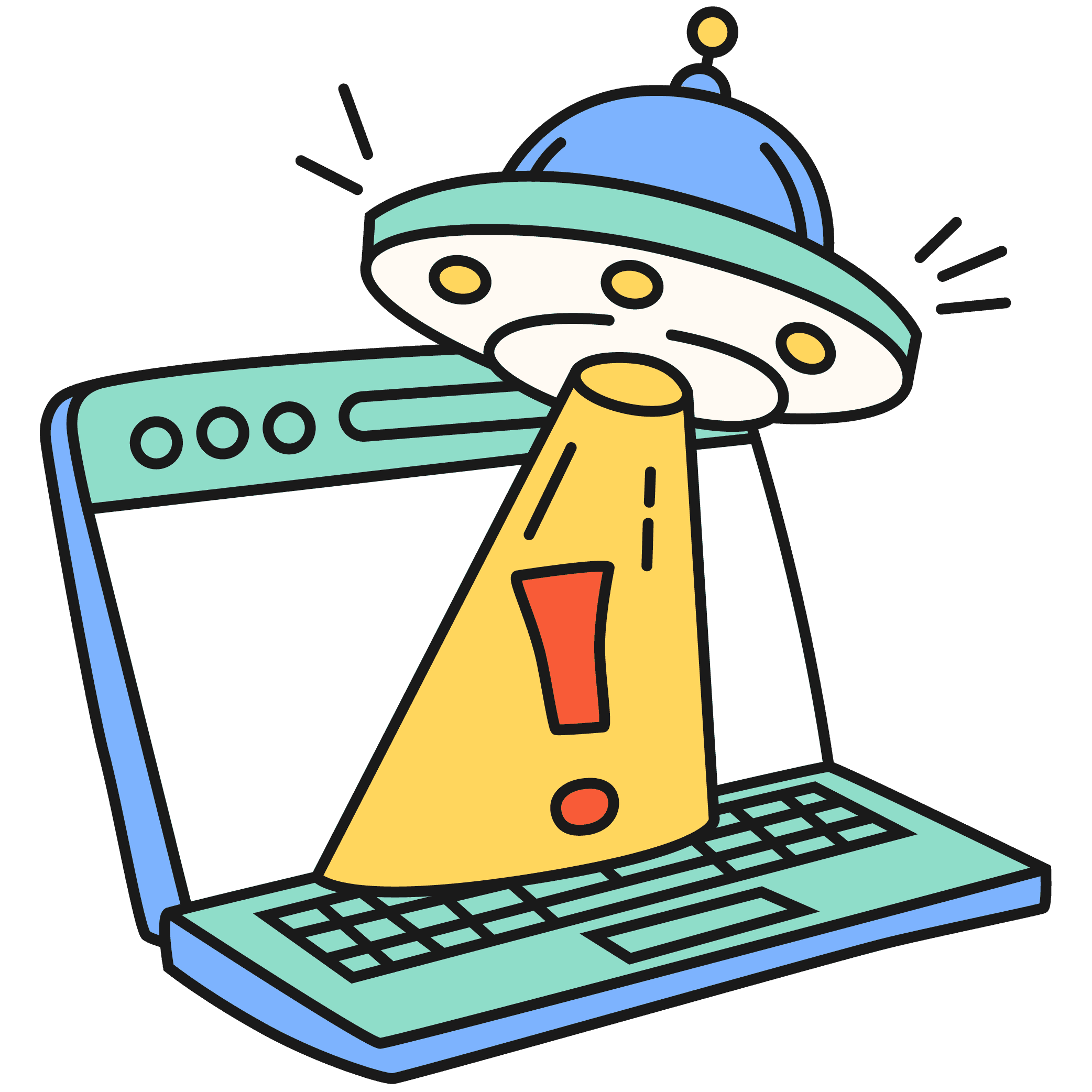 A flying saucer space ship shooting a ray beam with an explanation mark, down onto an open laptop keyboard.