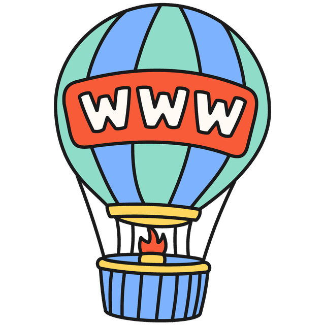 A green and blue hot air balloon, with a red label across the balloon labelled 'WWW' in big white letters.