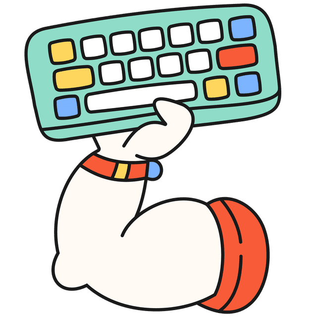 Arm with large muscular bicep clutching a green keyboard, holding it up in the air.
