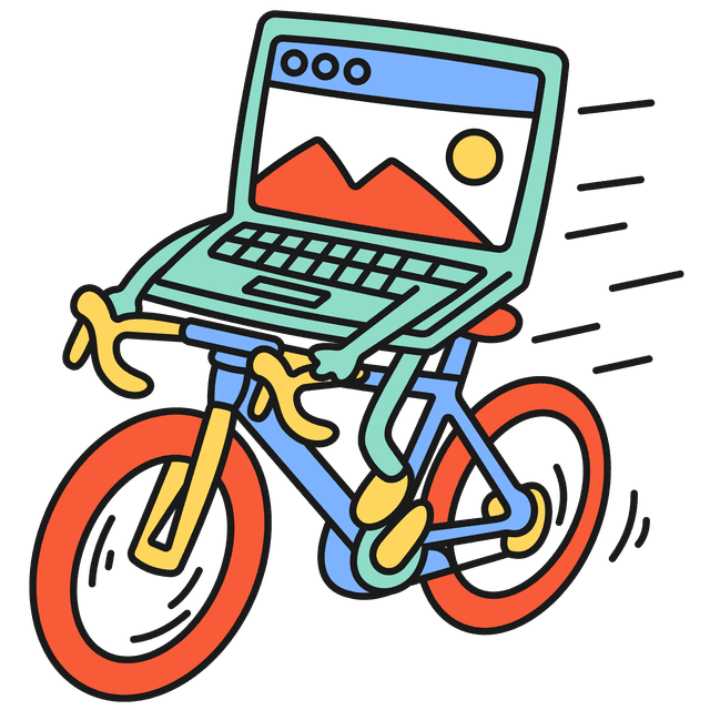 Green laptop character riding a red and blue bicycle, cycling super fast.