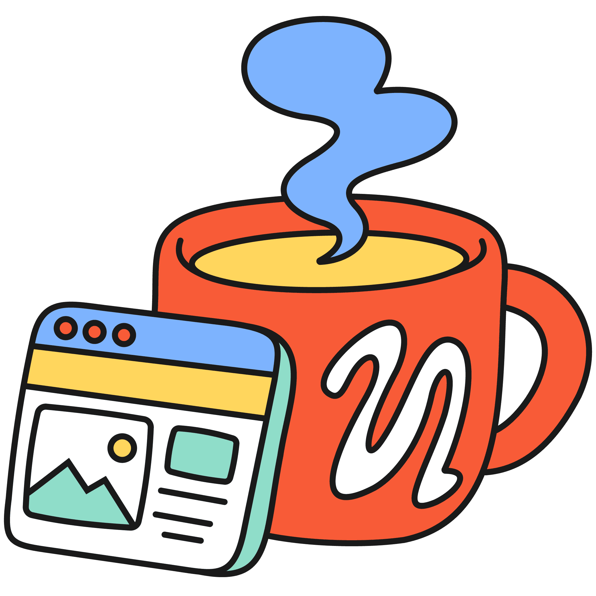 Red mug branded with white Upkeep logo, with steam floating out of the top. A small digital desktop screen leaning against the side of the mug.