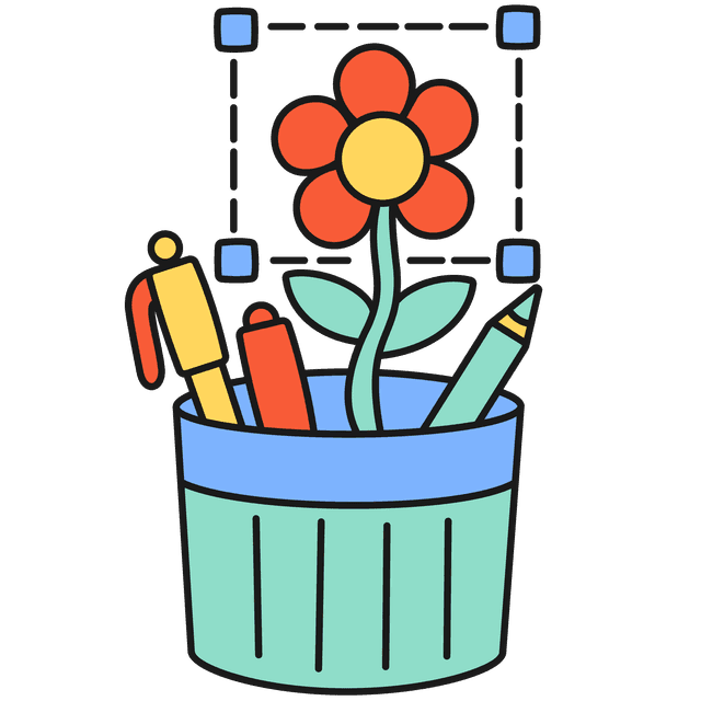 Green and blue pencil pot with two colourful pens and a pencil sticking out. A large red petal flower growing out of the centre of the pot, framed by dashed lines.