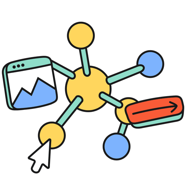 Molecule modular model with floating square desktop screen, white cursor and red arrow bar.