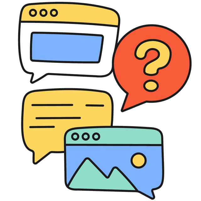 Range of multicoloured speech bubbles and comment boxes, featuring a desktop screen and a question mark.