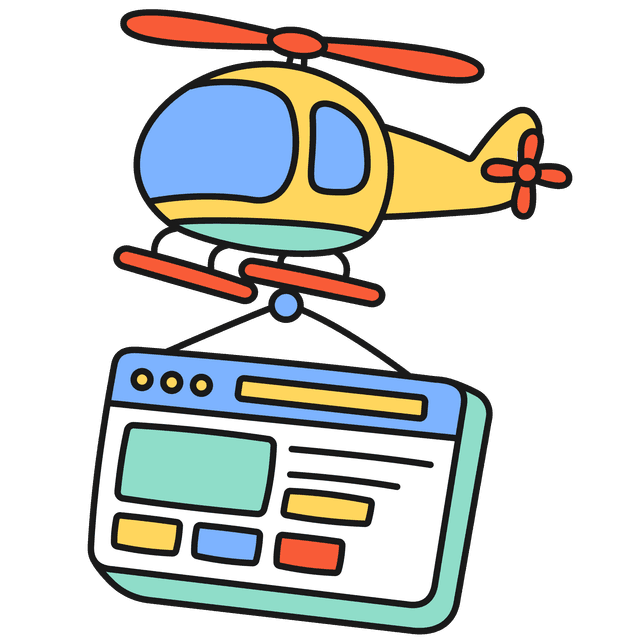 A predominantly yellow helicopter with red blades and landing pads, carrying a desktop component screen box with multicoloured boxes on display.