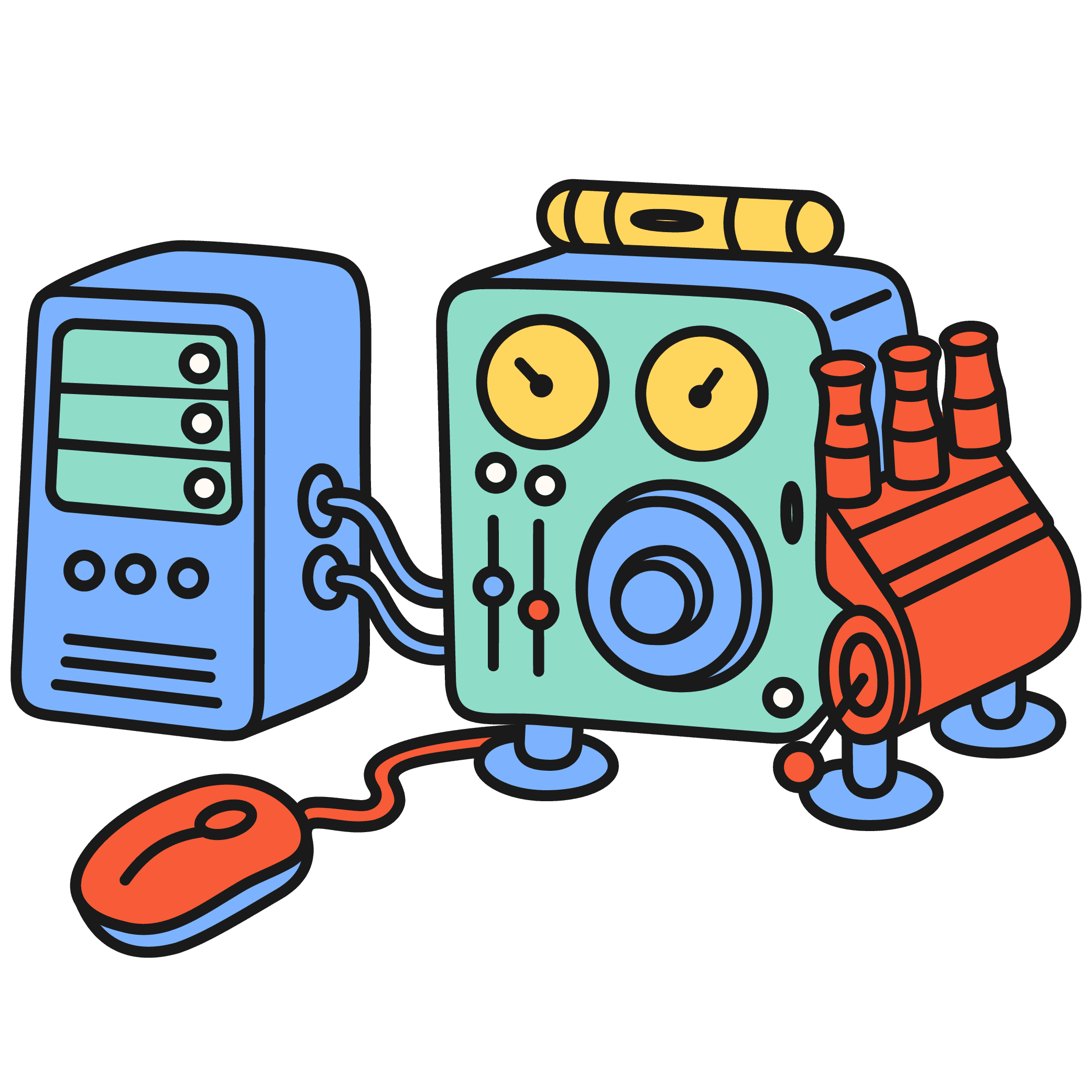 A machine made up of different cogs, buttons and sliding controls hooked up to a blue and green server box and a red desktop mouse.