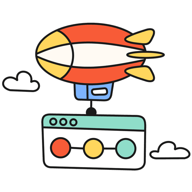 A red, yellow and cream blimp floating in the sky carrying a traffic light system displayed on a desktop. With two clouds floating around.