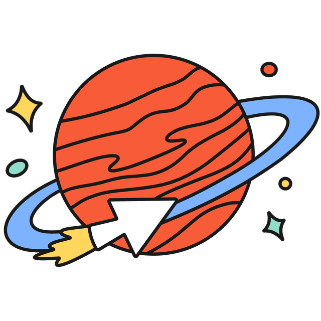 Big red planet with a blue ring floating amongst smaller circles and stars. A with cursor style rocket ship following the blue ring around the planet.