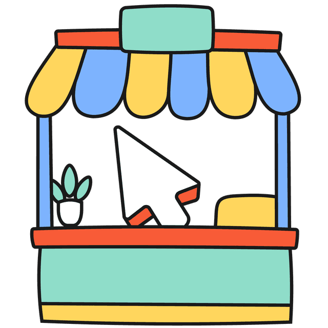 A colourful market shop front with a yellow till to the right hand side and on the left a little green plant in a white pot. A white cursor character stand in the centre.