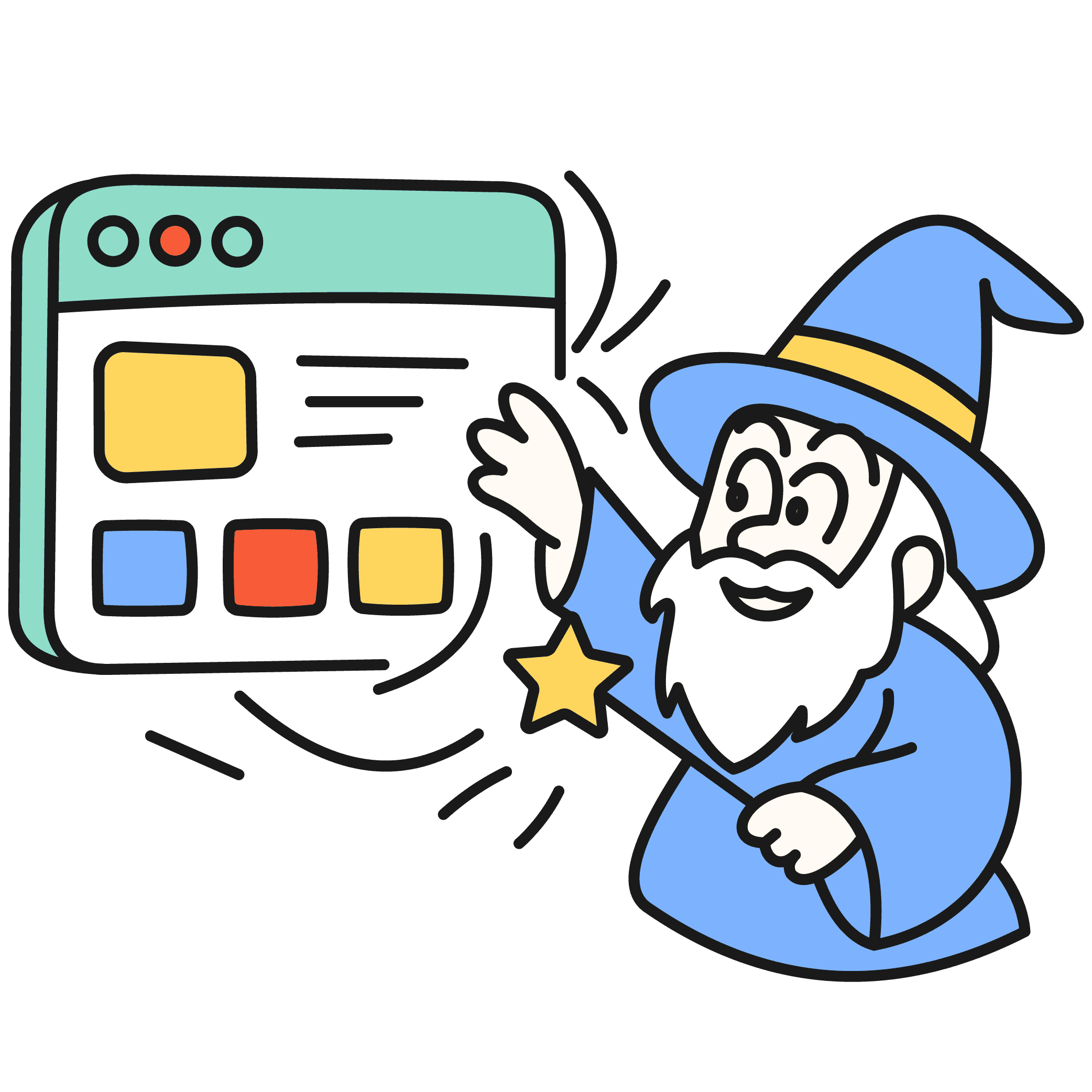 A wizard with long white hair and beard, dressed in a blue robe and matching pointy hat. One hand waving at a desktop screen and the other hand holding a yellow star tipped wand.