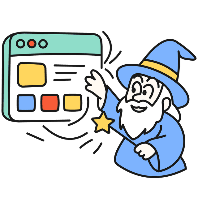 A wizard with long white hair and beard, dressed in a blue robe and matching pointy hat. One hand waving at a desktop screen and the other hand holding a yellow star tipped wand.