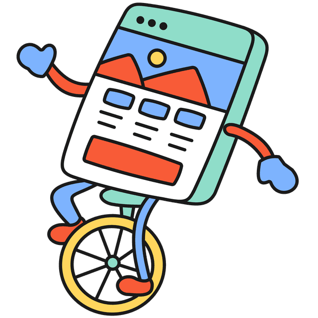 Mobile phone screen character with arms and legs, balancing on a yellow wheel unicycle with a green seat.