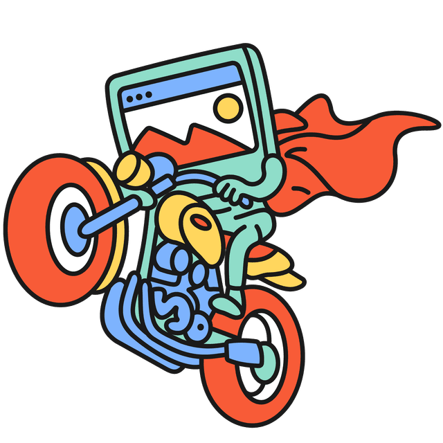Green desktop screen character with arms and legs, wearing a red cape flapping in the wind, as it rides a harley davidson style motorbike with red wheels.