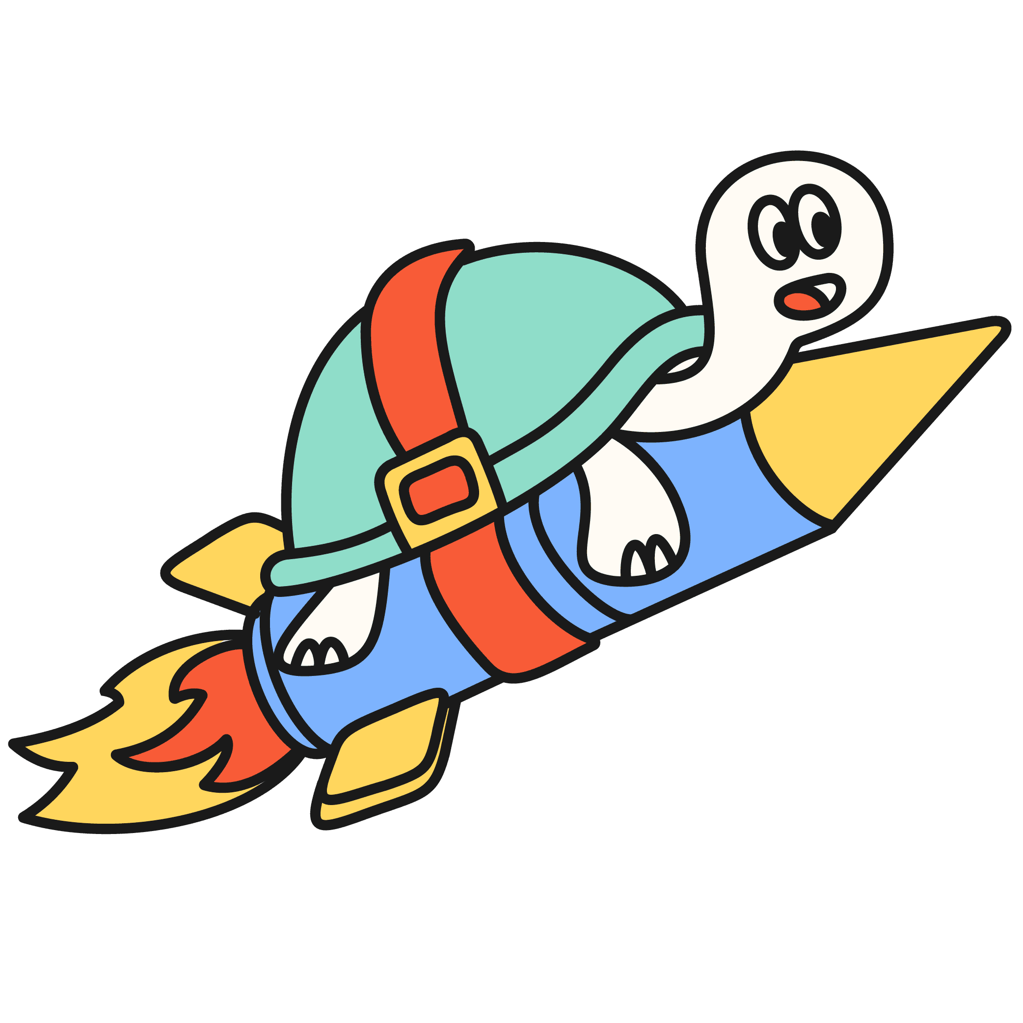 A green shelled turtle, mouth open and eyes wide, clutching whilst strapped onto a blue rocket shooting into the sky.