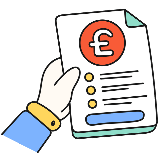 A hand holding onto a document with a bullet point list of information underneath a big red circle with a white pound symbol inside.