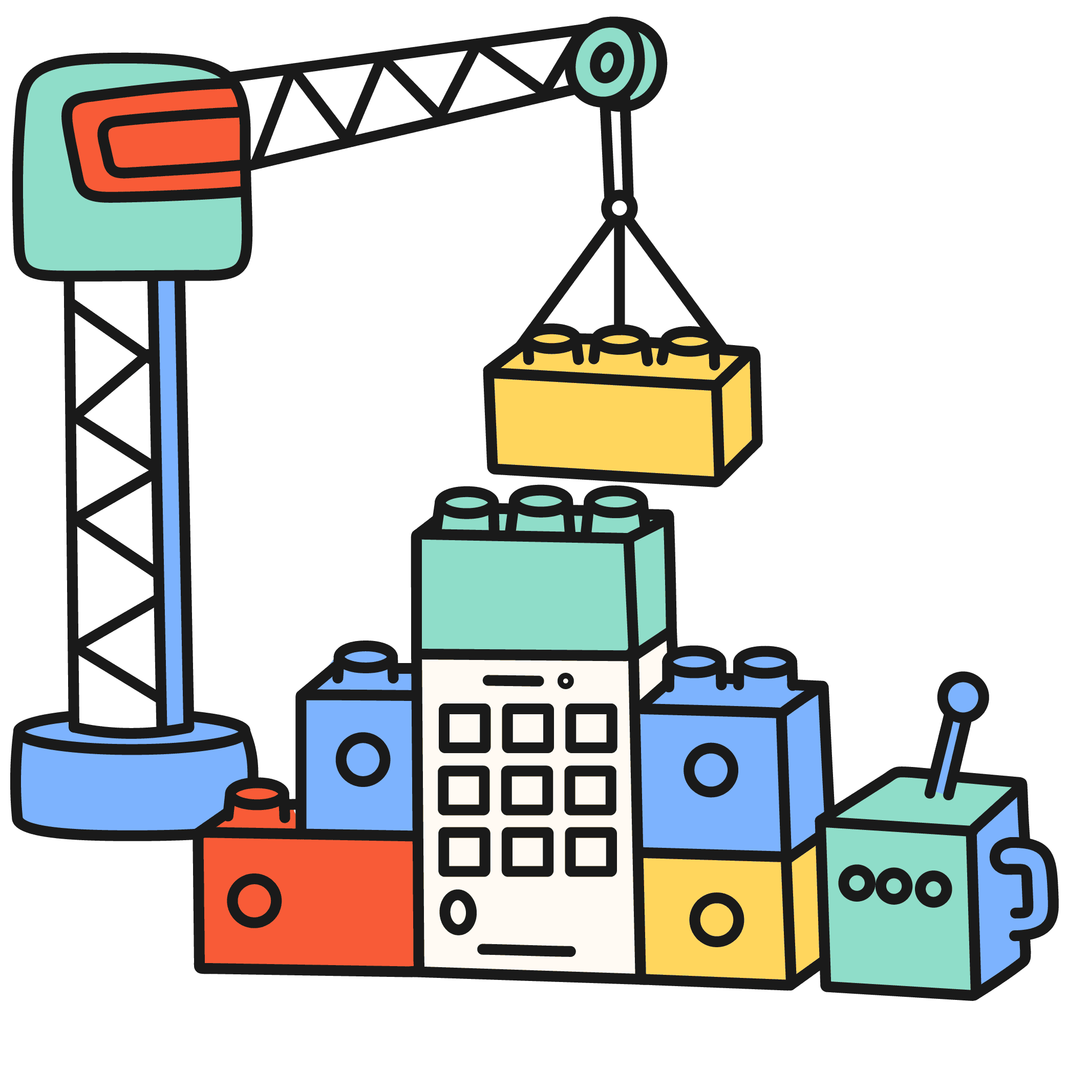Large crane lifting a yellow lego brick, stacking different multicoloured lego shaped blocks together in a pyramid style.