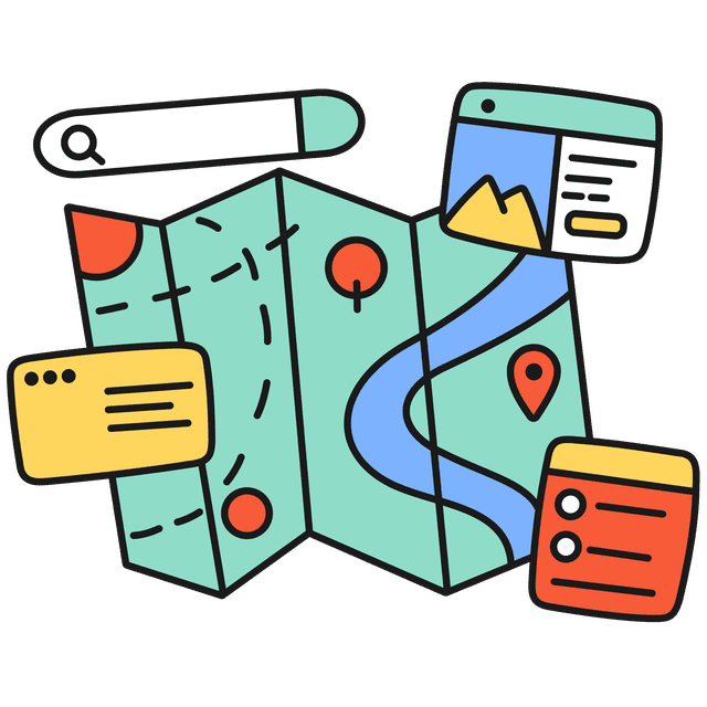 A green folded and opened brochure style leaflet with a map outlined on, with floating component style pop up and a search bar.