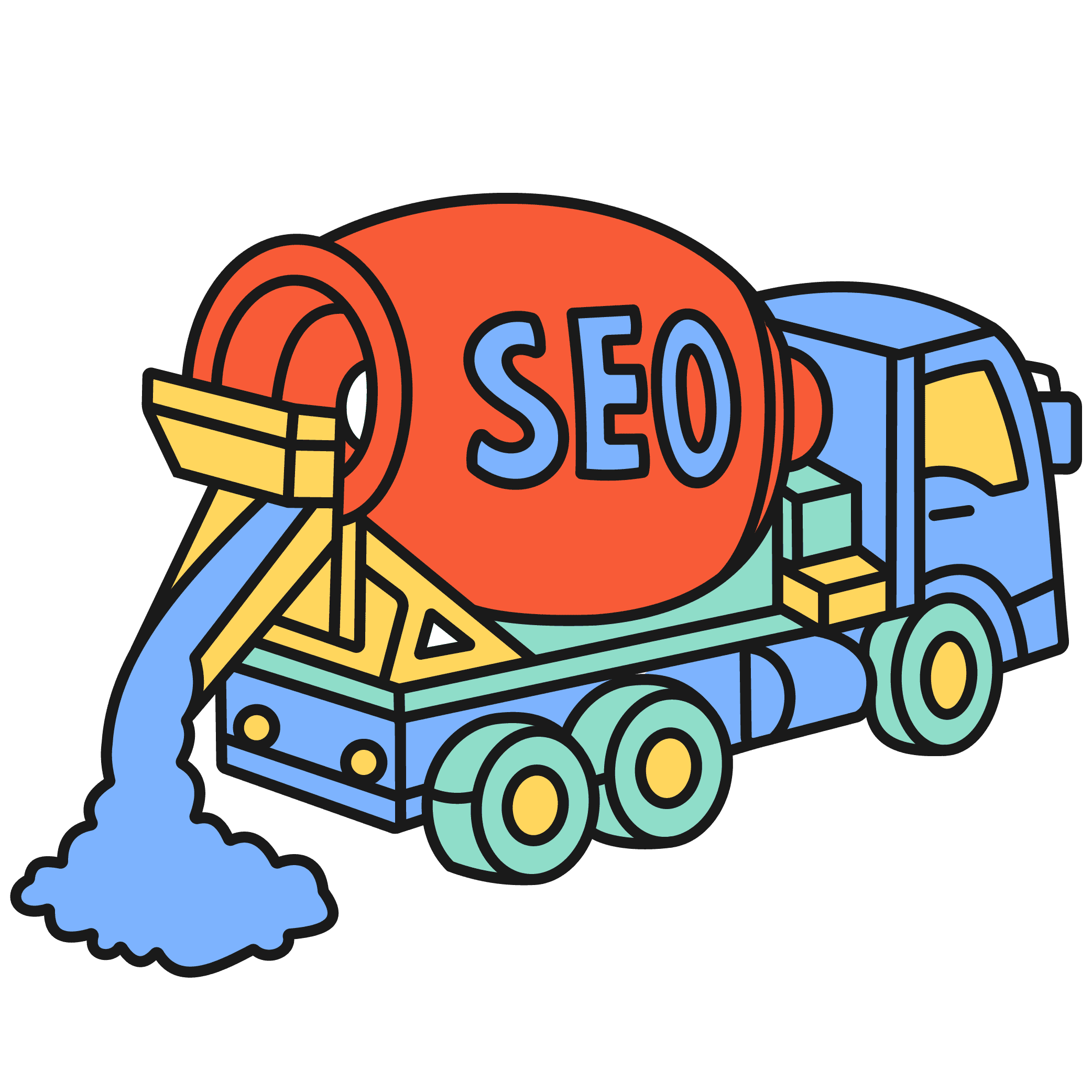A cement pourer truck with the mixer attached to the back labelled 'SEO', pouring out blue liquid.