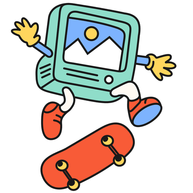 Mini green box TV character with arms, legs and red sneakers jumping into the air over the top of its red skateboard.