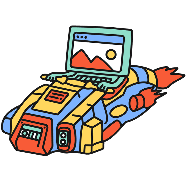 Green laptop character with arms driving a rocket style shaped space future motor vehicle that is shooting flames from its engine.