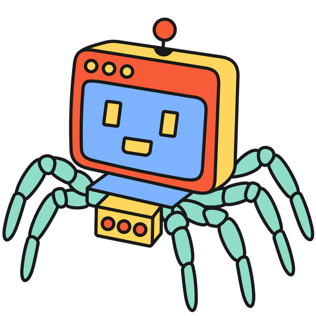 Mini square screen with cubed smiley face and red dot antenna, with a green mechanical spider shaped body.
