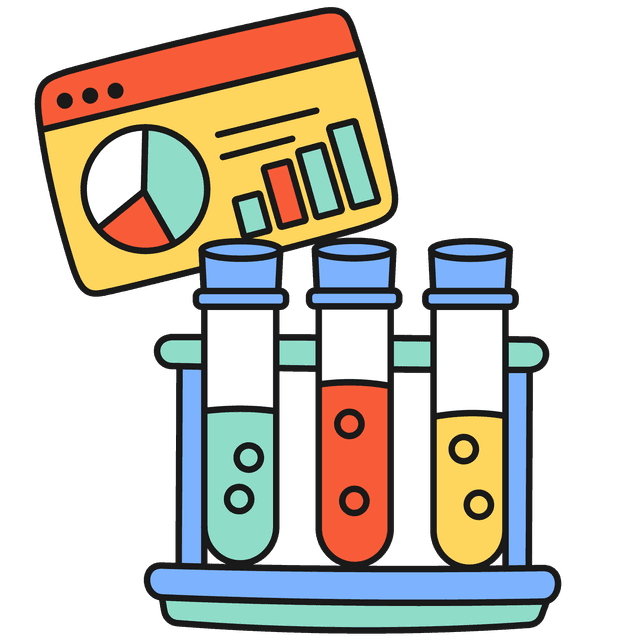 Three coloured bubbling science test tubes in a rack, with a analytics screen floating above with statistics increasing positively.