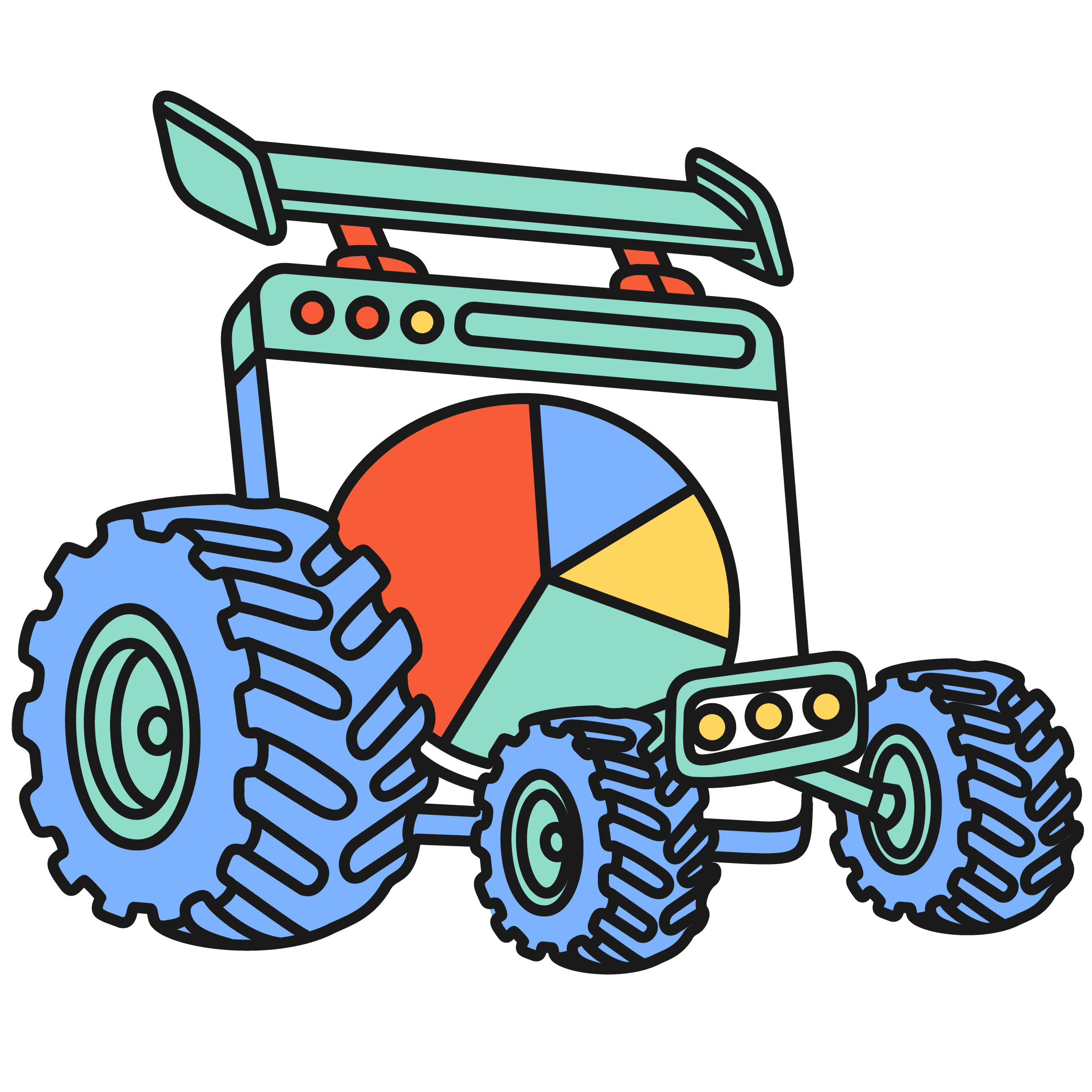 Digital screen with multicoloured pie chart, the screen is accessorised with monster truck style fins and big grippy wheels and front headlights.