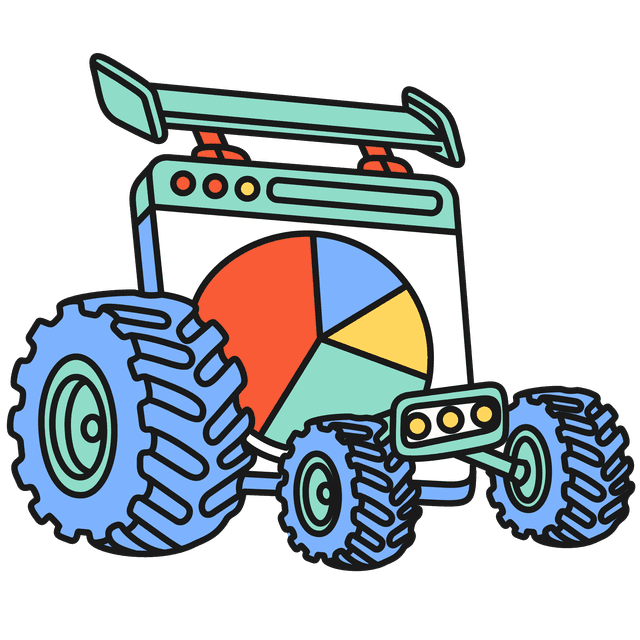 Digital screen with multicoloured pie chart, the screen is accessorised with monster truck style fins and big grippy wheels and front headlights.
