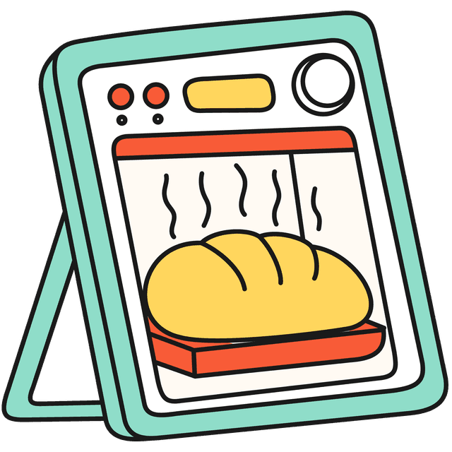Tablet shaped frame with a small bakery window in the centre, with a classic bread loaf shape in the centre warming up.