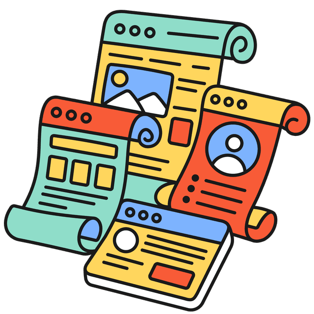 Three website pages in the shape of paper scrolls, and a small tablet shaped screen below them.