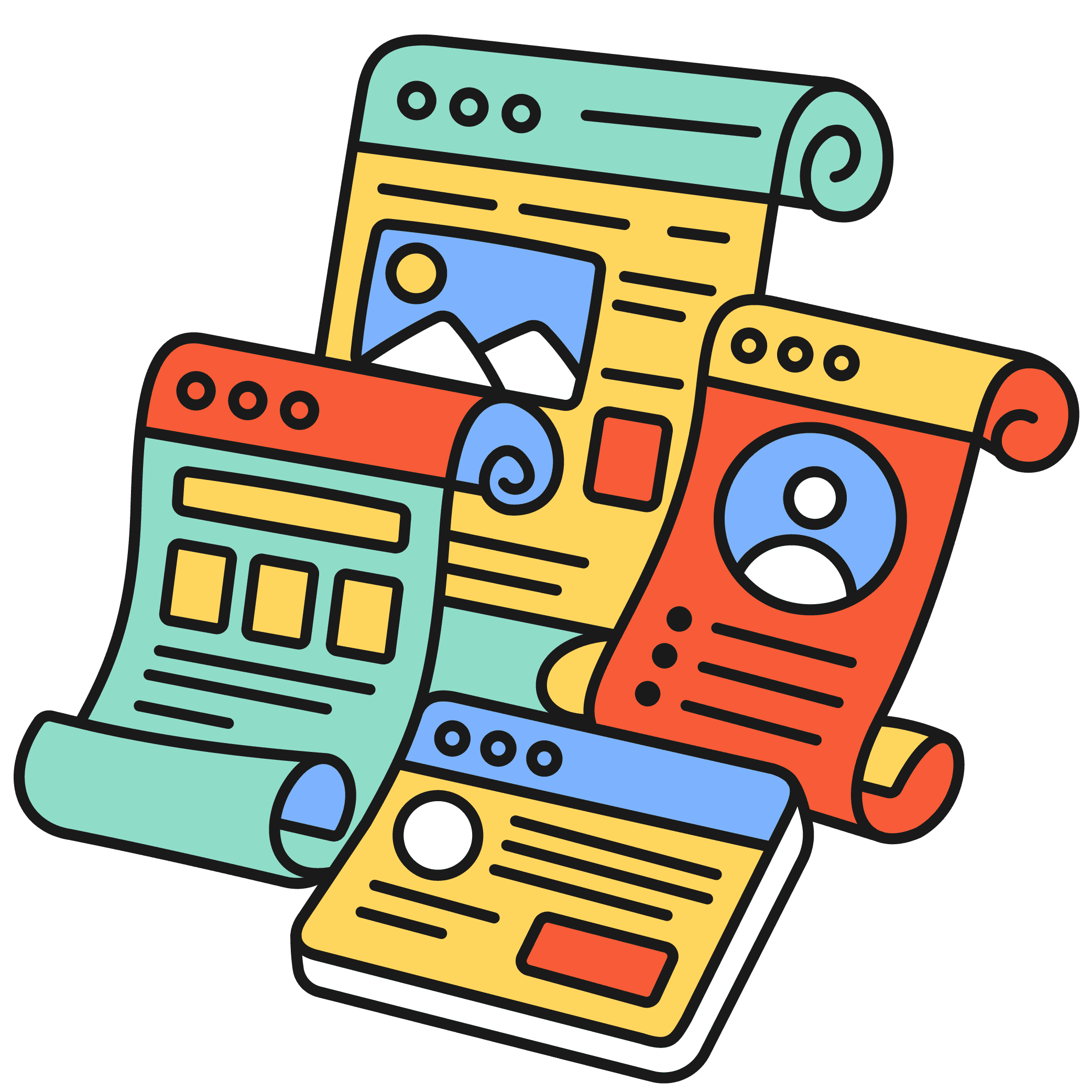 Three website pages in the shape of paper scrolls, and a small tablet shaped screen below them.