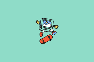 A graphic of a computer skateboarding