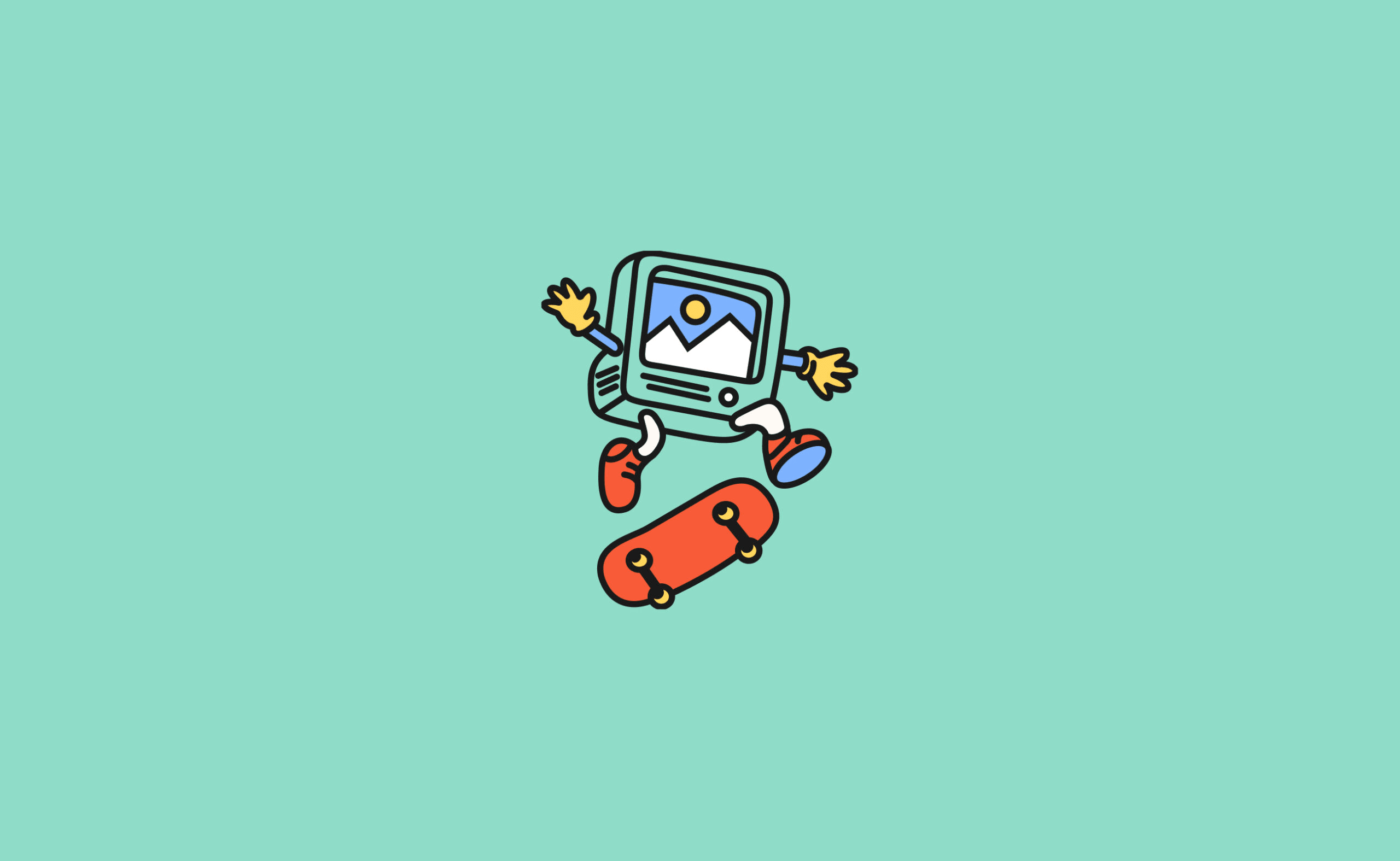 A graphic of a computer skateboarding