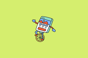 A green illustration of a webpage riding a unicycle