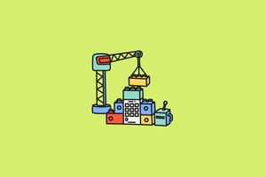 An illustrative graphic featuring a crane and building blocks